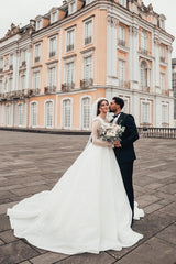 Pretty Long White A-line Wedding Dresses With Long Sleeves-Ballbella