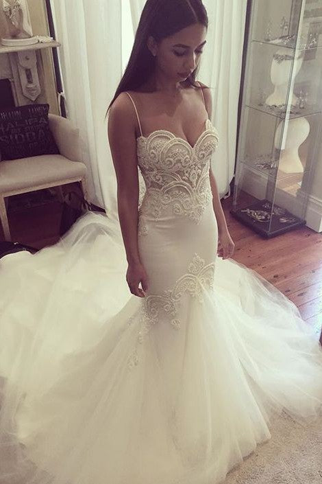 Pretty Spaghetti Straps Sweetheart Wedding Dress Summer Sheath Tulle Bridal Gown-Ballbella