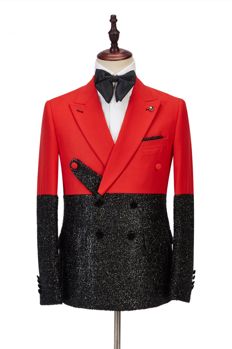 Pricey Peak Lapel Bright Red Stitching Sparkle Black Fashion Men Suit-Ballbella