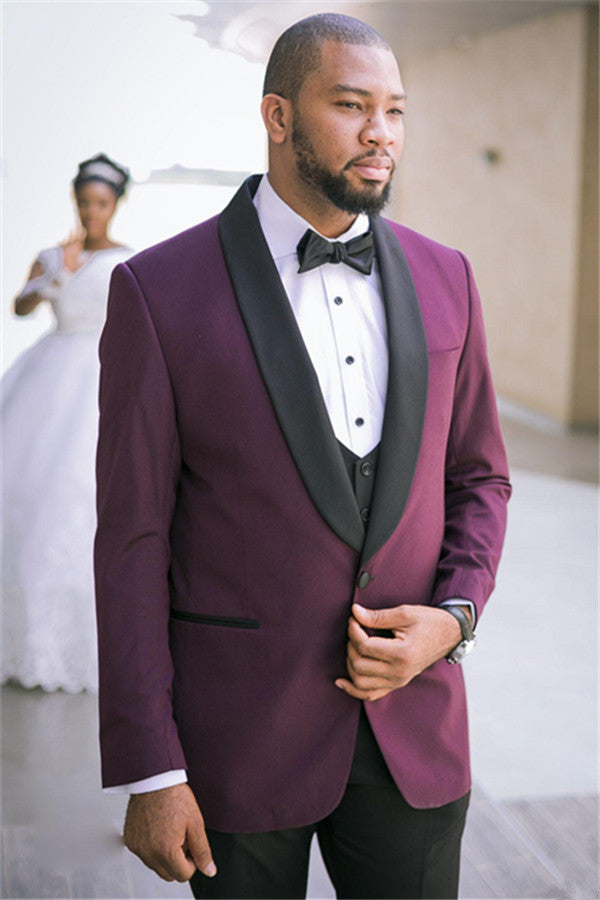 Purple Three-piece Slim Fit Wedding Suits with Black Lapel-Ballbella