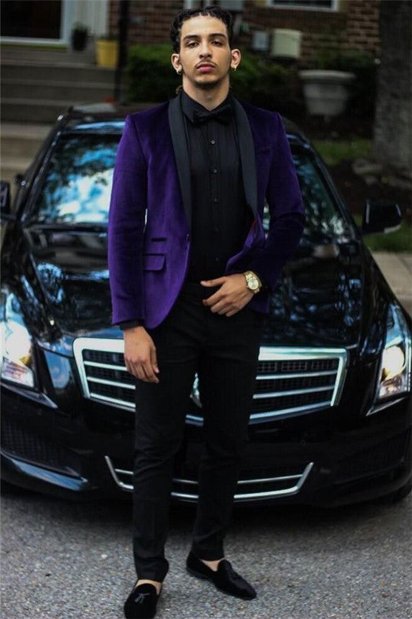 Purple Velvet Prom Party Suits Two Piece Men Suit with Black Lapel-Ballbella