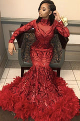 Ballbella offers Red Mermaid Sequins Long Sleevess High Neck Prom Dresses at a cheap price from Same as Picture, Gold, Royal Blue, Black,  Sequined to Mermaid hem. Gorgeous yet affordable Long Sleevess Prom Dresses, Evening Dresses.