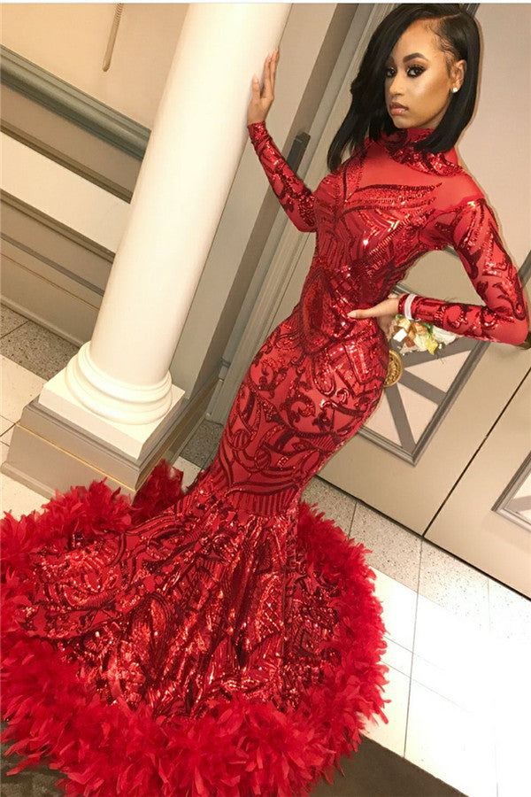 Red Mermaid Sequins Long Sleevess High Neck Prom Dresses-Ballbella