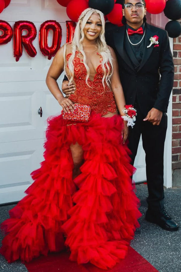 Red Ruffles High Split Sleeveless Mermaid Long Prom Dresses-Ballbella