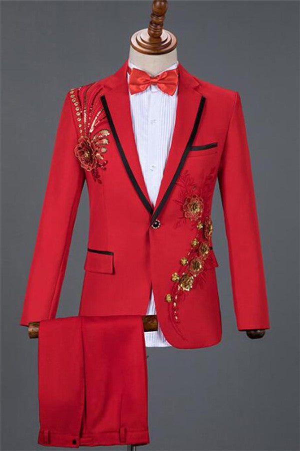 Red Sequin Embroidery Lace Floral Men Tuxedo Designer One Button Men's Prom Suits Online-Ballbella