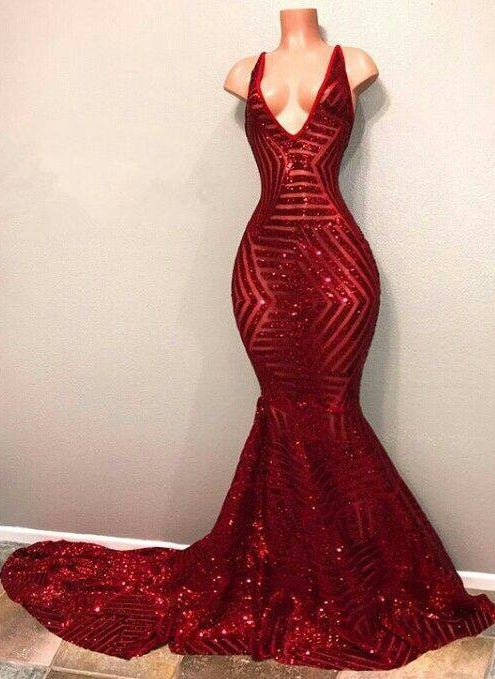 Red Sequins Shiny V-Neck Mermaid Long Prom Dresses-Ballbella