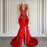 Red Sleeveless Sequins Mermaid Prom Dress with Front Slit Beadings and Feathers-Ballbella