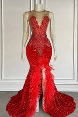 Red Sleeveless Sequins Mermaid Prom Dress with Front Slit Beadings and Feathers-Ballbella