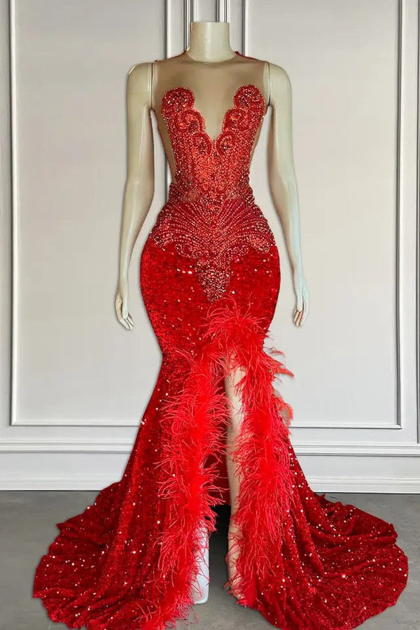 Red Sleeveless Sequins Mermaid Prom Dress with Front Slit Beadings and Feathers-Ballbella