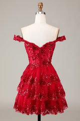 Red Sparkly Corset Tiered Lace A-Line Homecoming Dress-Ballbella