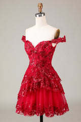 Red Sparkly Corset Tiered Lace A-Line Homecoming Dress-Ballbella