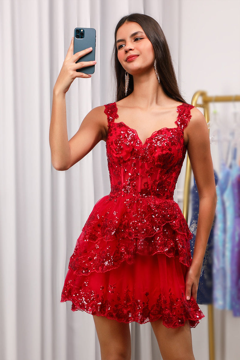 Red Sparkly Corset Tiered Lace A-Line Homecoming Dress-Ballbella