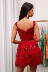 Red Sparkly Corset Tiered Lace A-Line Homecoming Dress-Ballbella