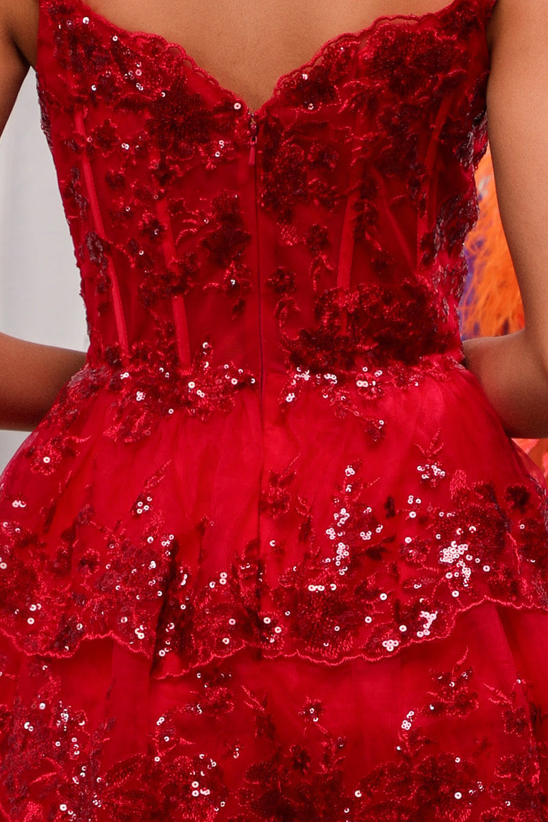 Red Sparkly Corset Tiered Lace A-Line Homecoming Dress-Ballbella