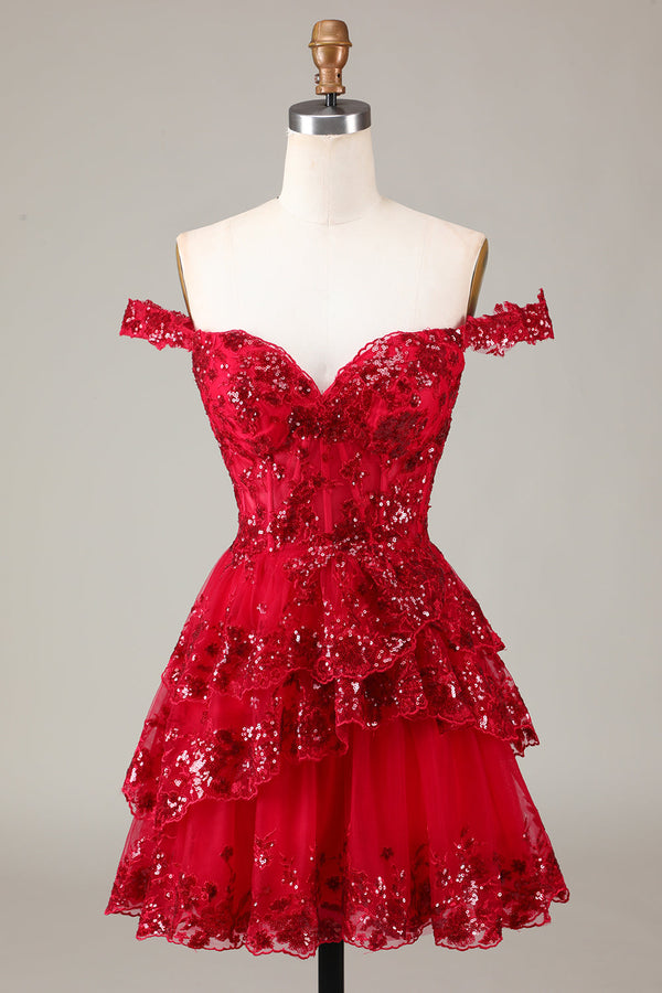 Red Sparkly Corset Tiered Lace A-Line Homecoming Dress-Ballbella