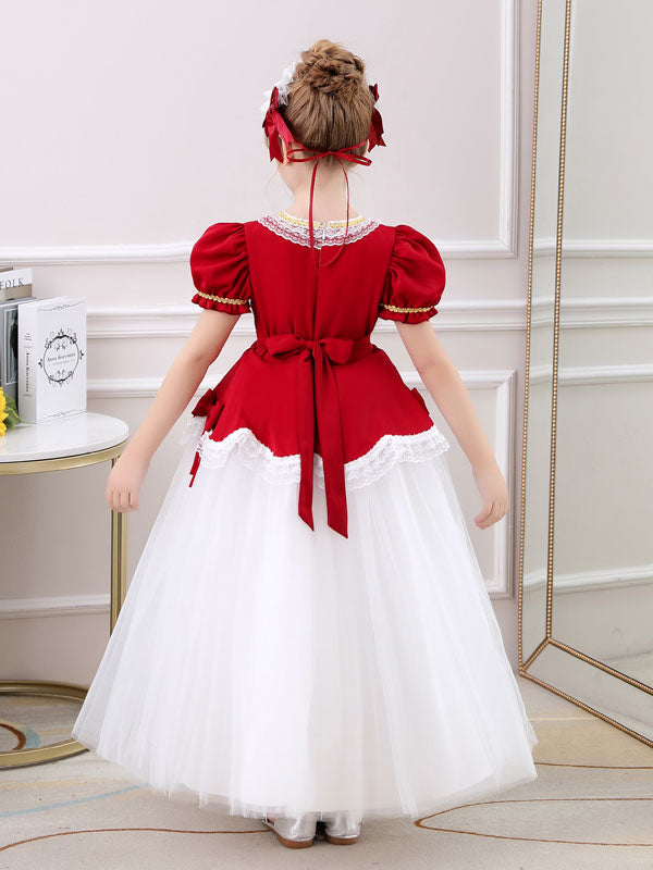 Red Square Neck Short Sleeves Ankle-Length Princess Tulle Flowers Kids Party Dresses-Ballbella