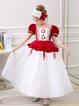 Red Square Neck Short Sleeves Ankle-Length Princess Tulle Flowers Kids Party Dresses-Ballbella