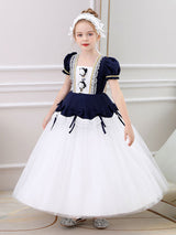 Red Square Neck Short Sleeves Ankle-Length Princess Tulle Flowers Kids Party Dresses-Ballbella