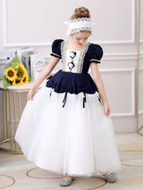 Red Square Neck Short Sleeves Ankle-Length Princess Tulle Flowers Kids Party Dresses-Ballbella