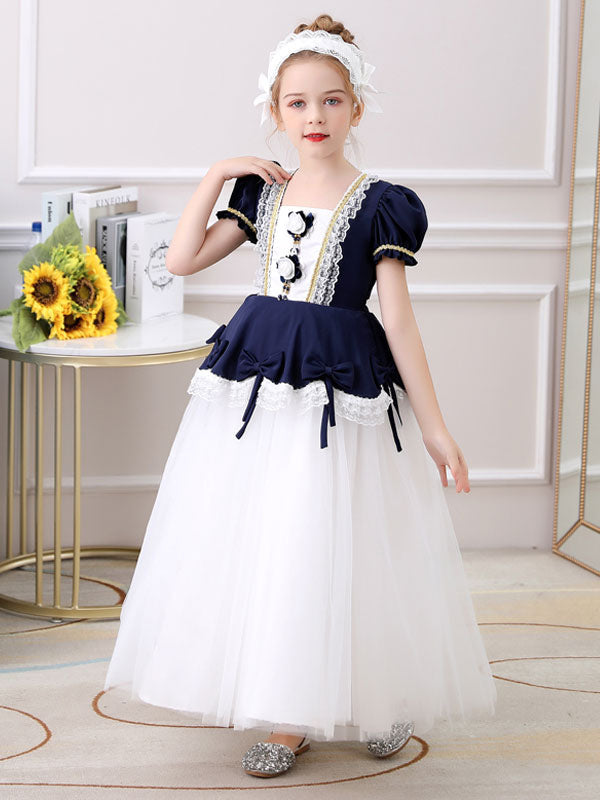 Red Square Neck Short Sleeves Ankle-Length Princess Tulle Flowers Kids Party Dresses-Ballbella