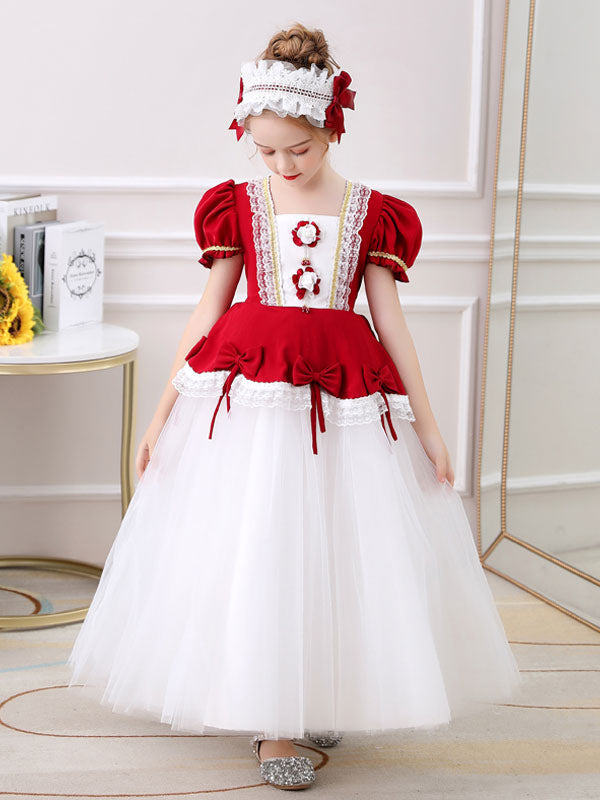 Red Square Neck Short Sleeves Ankle-Length Princess Tulle Flowers Kids Party Dresses-Ballbella