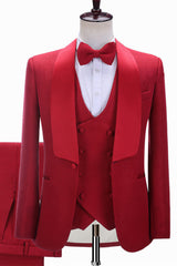 Red Three-piece Shawl Lapel Slim Fit Wedding Suits-Ballbella