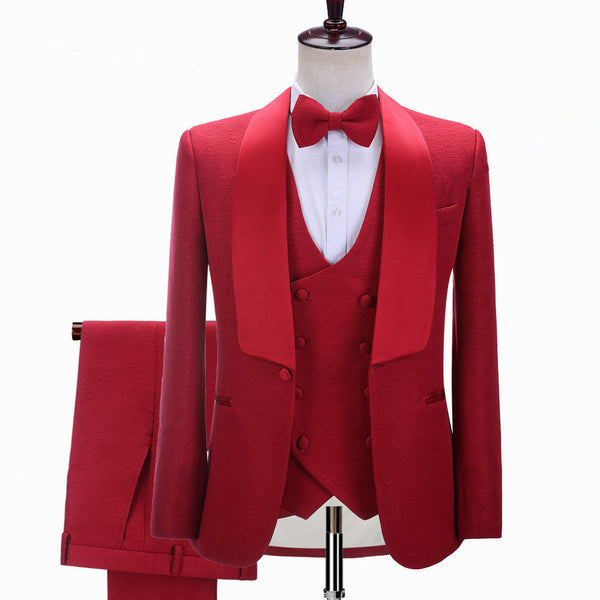 Ballbella is your ultimate source for Red Three-piece Shawl Lapel Slim Fit Wedding Suits. Our Red Shawl Lapel wedding groomsmen suits come in Bespoke styles &amp; colors with high quality and free shipping.