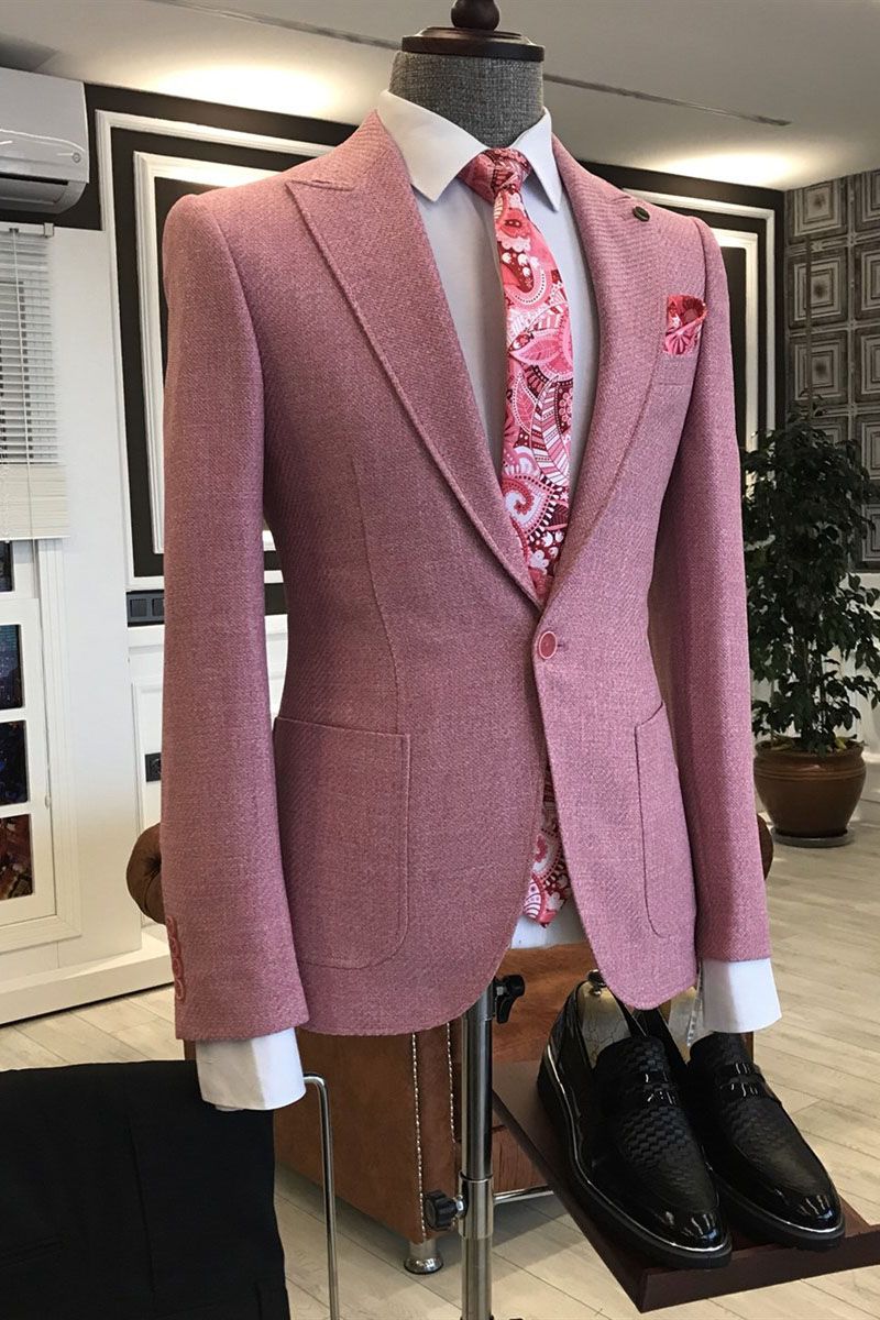 Rock Pink Peaked Lapel One Button Slim Fit Men's Prom Suits-Ballbella