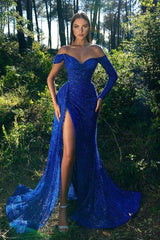 Royal Blue Long Sleeves Sequins Mermaid Evening Dress With Slit-Ballbella