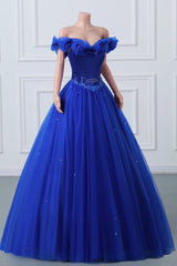 Royal Blue Off-the-shoulder Sweetheart Beaded Flowers Ball Gown Tulle Prom Dresses-Ballbella