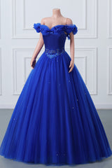 Royal Blue Off-the-shoulder Sweetheart Beaded Flowers Ball Gown Tulle Prom Dresses-Ballbella