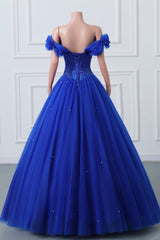 Royal Blue Off-the-shoulder Sweetheart Beaded Flowers Ball Gown Tulle Prom Dresses-Ballbella