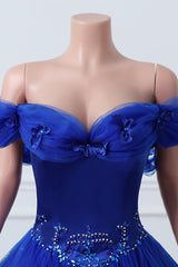 Royal Blue Off-the-shoulder Sweetheart Beaded Flowers Ball Gown Tulle Prom Dresses-Ballbella