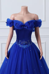 Royal Blue Off-the-shoulder Sweetheart Beaded Flowers Ball Gown Tulle Prom Dresses-Ballbella