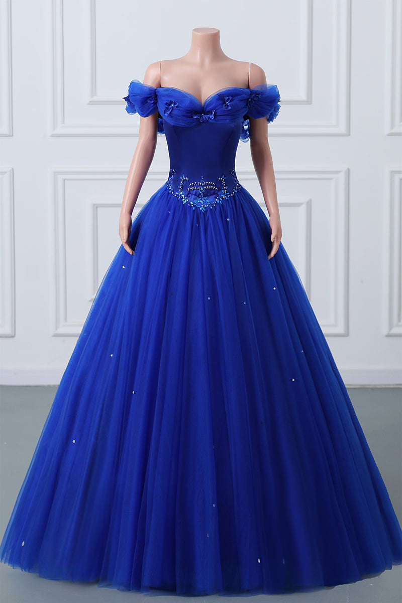 Royal Blue Off-the-shoulder Sweetheart Beaded Flowers Ball Gown Tulle Prom Dresses-Ballbella