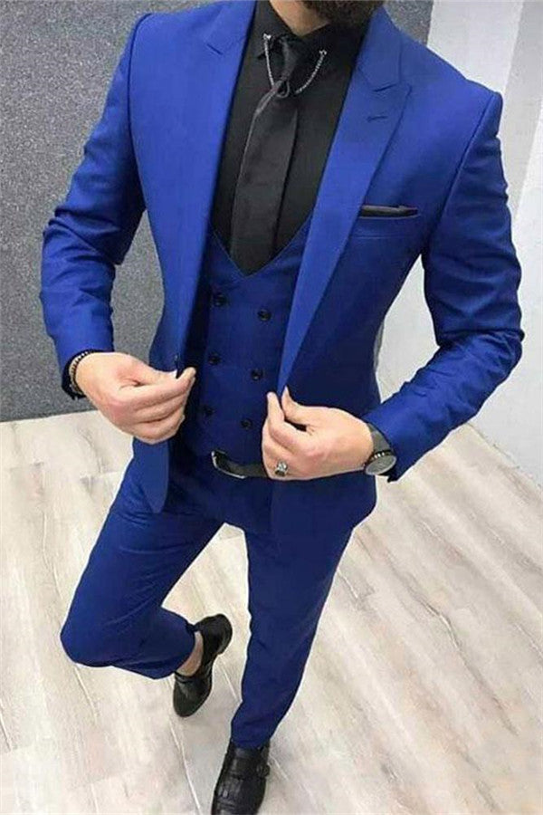 Royal Blue Peak Lapel Men Tuxedo Classy Men's Prom Suits with 3 Pieces-Ballbella