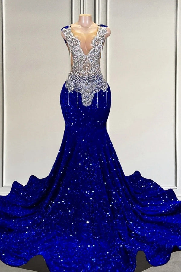 Royal Blue sequin Silver Beaded Mermaid Long V-neck Prom Dresses-Ballbella