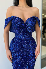 Royal Blue Sequins Mermaid Evening Dress Long Off-ther-Shoulder-Ballbella