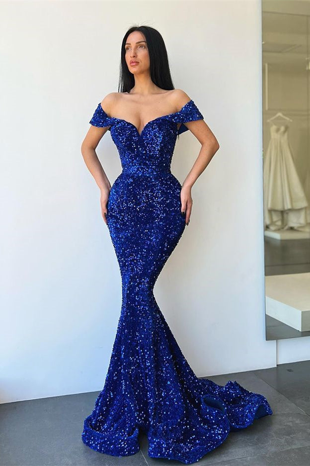 Royal Blue Sequins Mermaid Evening Dress Long Off-ther-Shoulder-Ballbella