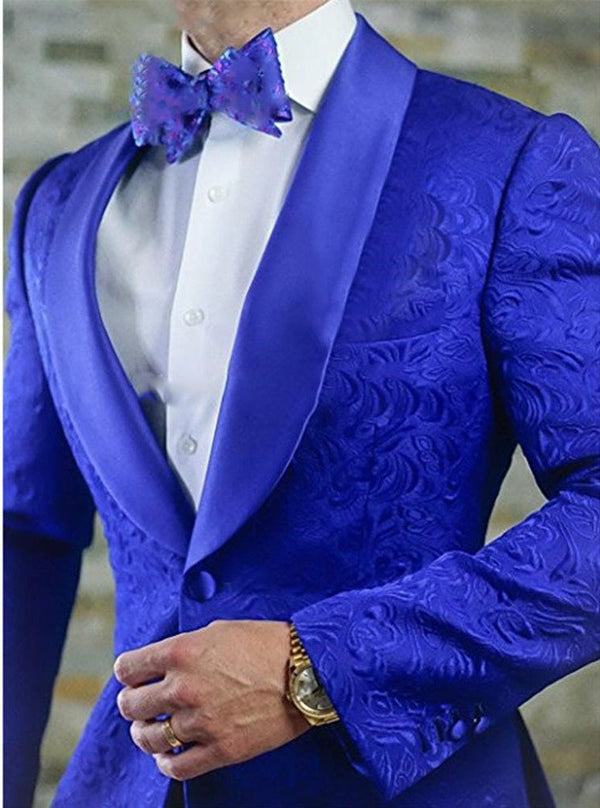 Royal Blue Shawl Lapel Groomsmen Tuxedos Jacquard Men Suits Prom Best Man Blazer 2 Pieces-Ballbella