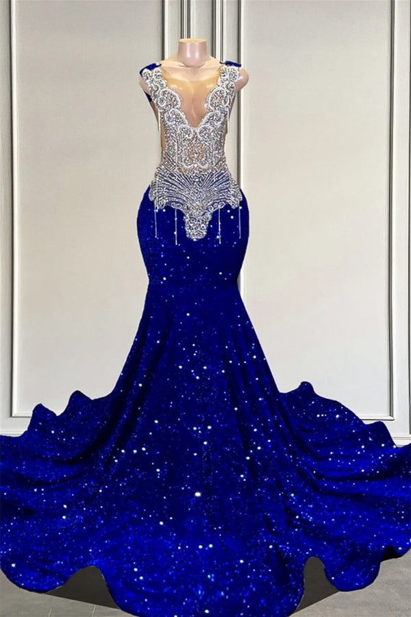 Royal Blue Sleeveless Mermaid Prom Dress with Beadings and Sequins-Ballbella