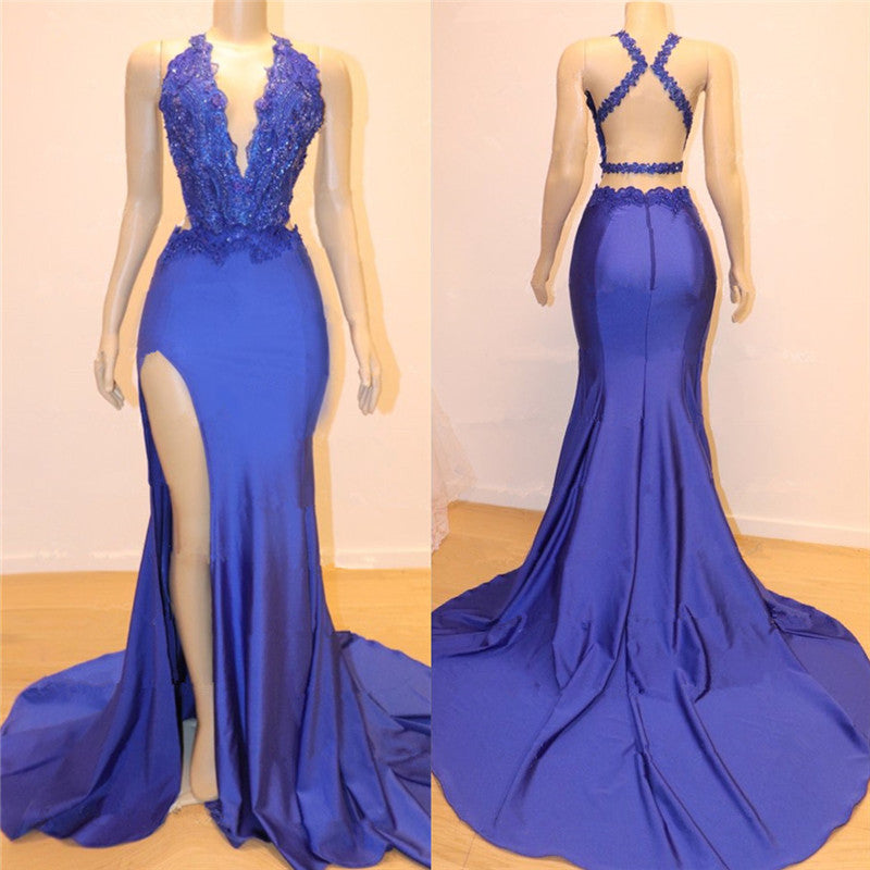 Royal Blue V-neck Open back Side Slit Mermaid Beads Lace Prom Dresses-Ballbella