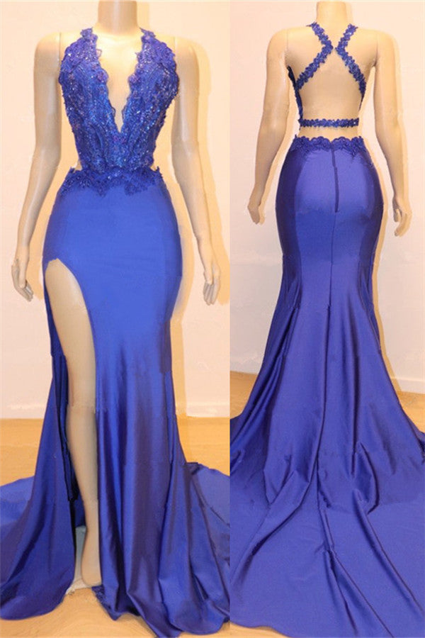 Royal Blue V-neck Open back Side Slit Mermaid Beads Lace Prom Dresses-Ballbella