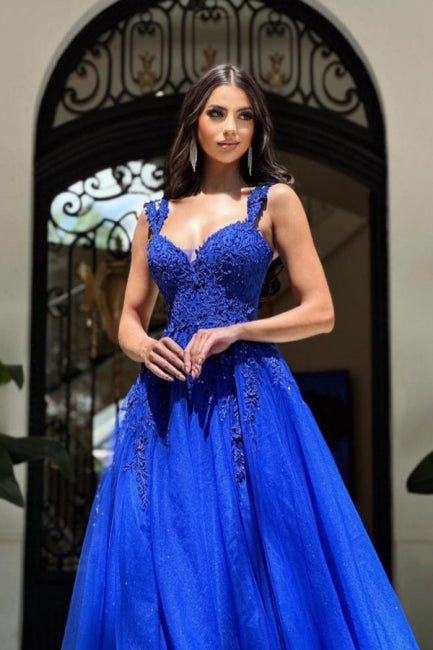 Royal Long Blue Sleeveless Prom Dresses A-line Lace Graduation Dresses-Ballbella