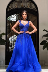 Royal Long Blue Sleeveless Prom Dresses A-line Lace Graduation Dresses-Ballbella