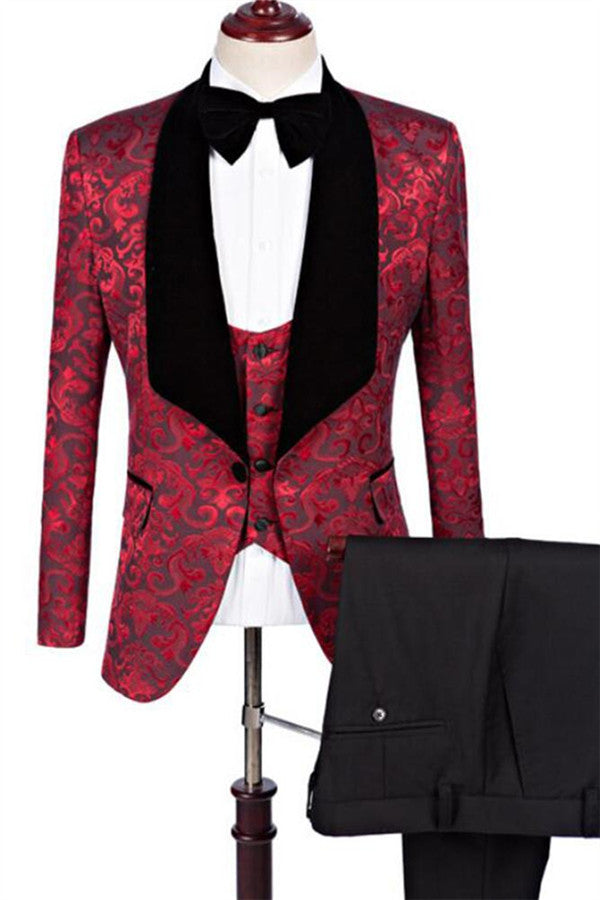 Ruby Flower Slim Fit Pattern Prom Suits Designer Three Pieces Jacquard Men Suits-Ballbella