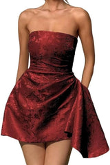 Ruched Satin Mini Party Dress Strapless Floral Jacquard Homecoming Dress with Pocket-Ballbella