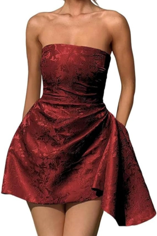 Ruched Satin Mini Party Dress Strapless Floral Jacquard Homecoming Dress with Pocket-Ballbella