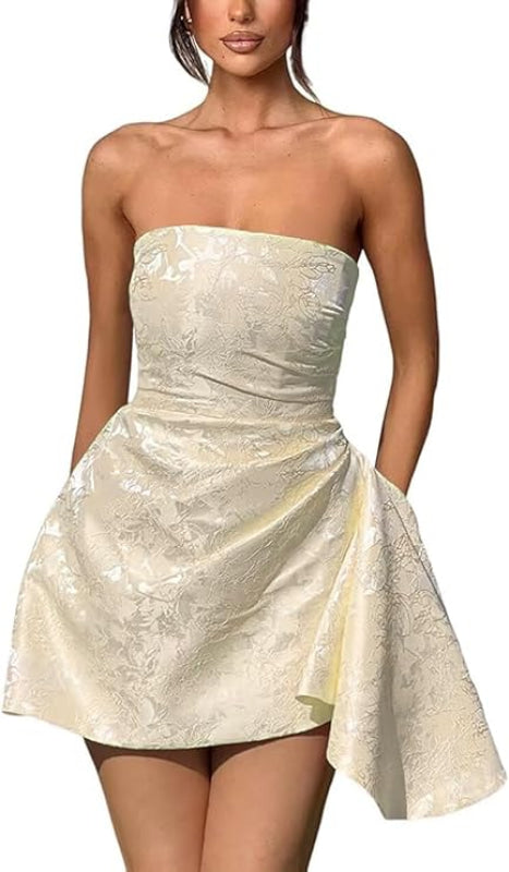 Ruched Satin Mini Party Dress Strapless Floral Jacquard Homecoming Dress with Pocket-Ballbella