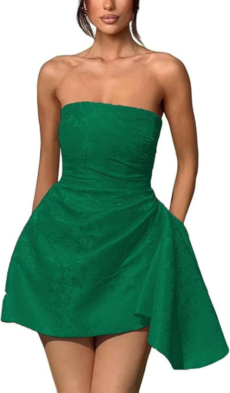 Ruched Satin Mini Party Dress Strapless Floral Jacquard Homecoming Dress with Pocket-Ballbella